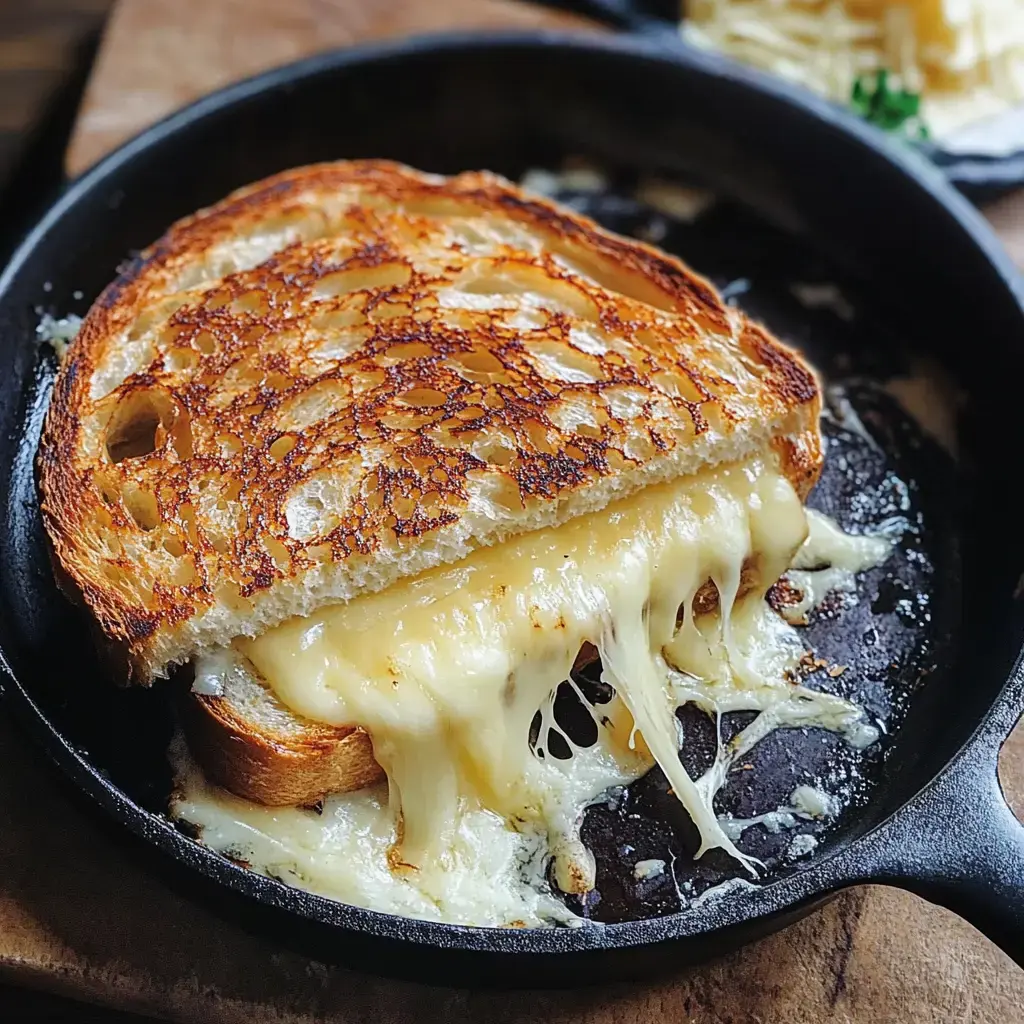 A golden-crisp grilled cheese with cheese stretching between halves, sitting in a dark cast-iron pan.