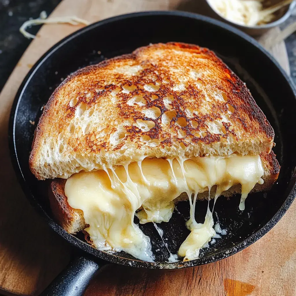 A golden grilled cheese cut in half with stretchy cheese pulling between pieces, resting in a seasoned cast iron pan on wood.