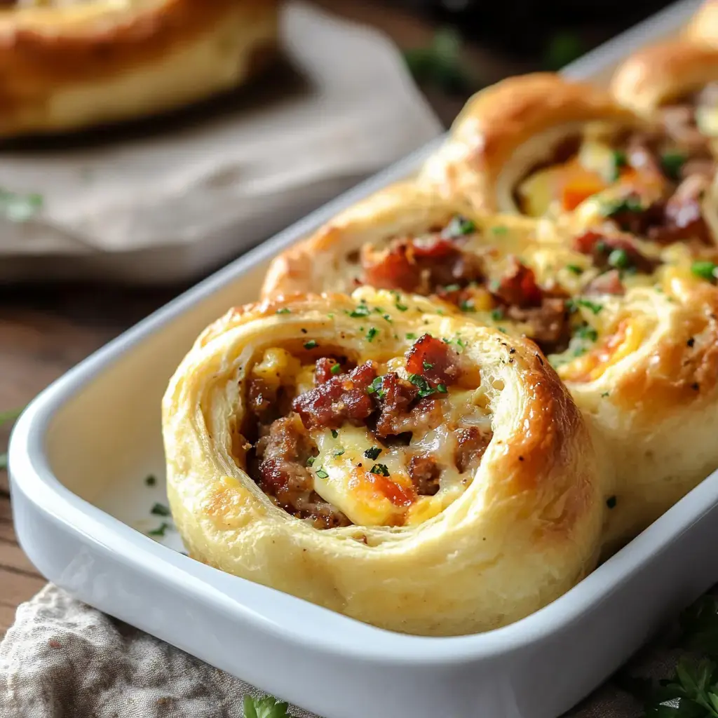 A close-up of savory pastry rolls filled with sausage, cheese, and herbs, presented in a white dish.