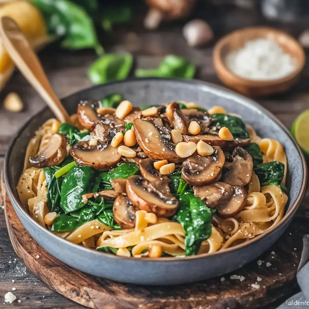 A bowl of fettuccine topped with golden mushrooms, wilted spinach and toasted pine nuts sitting on a wooden table ready to eat.