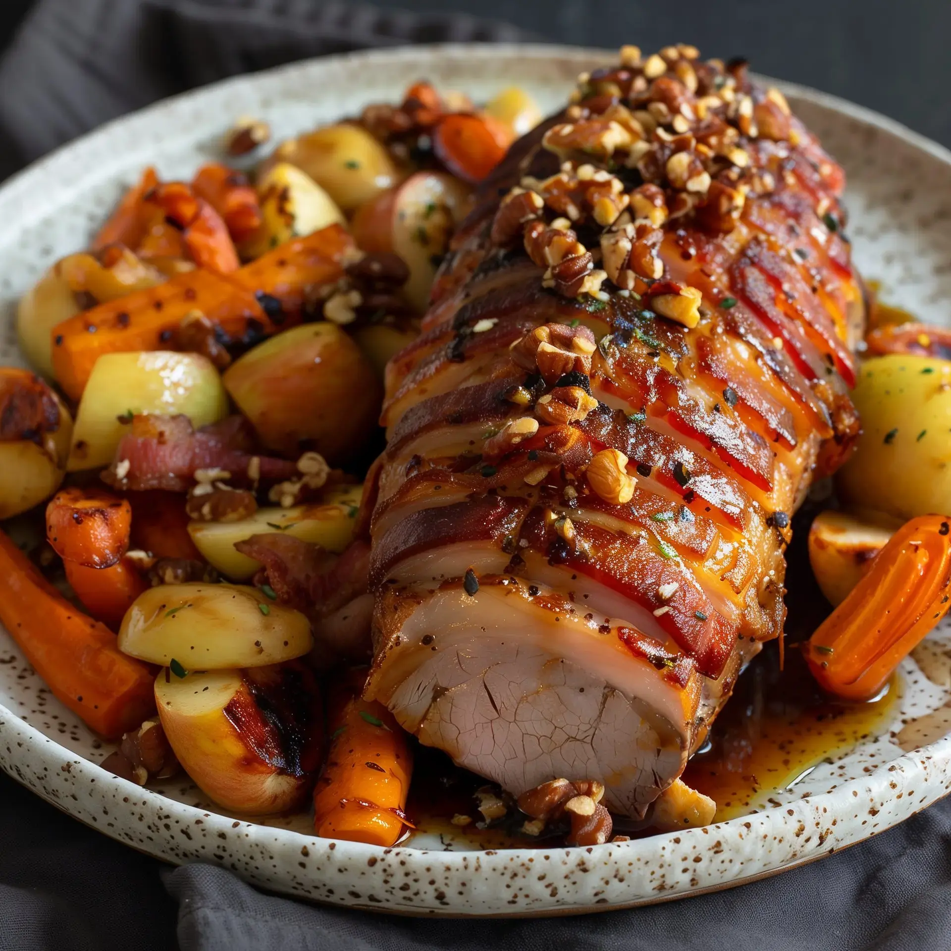 A plate showcasing pork roast with nuts, accompanied by roasted potatoes and carrots.