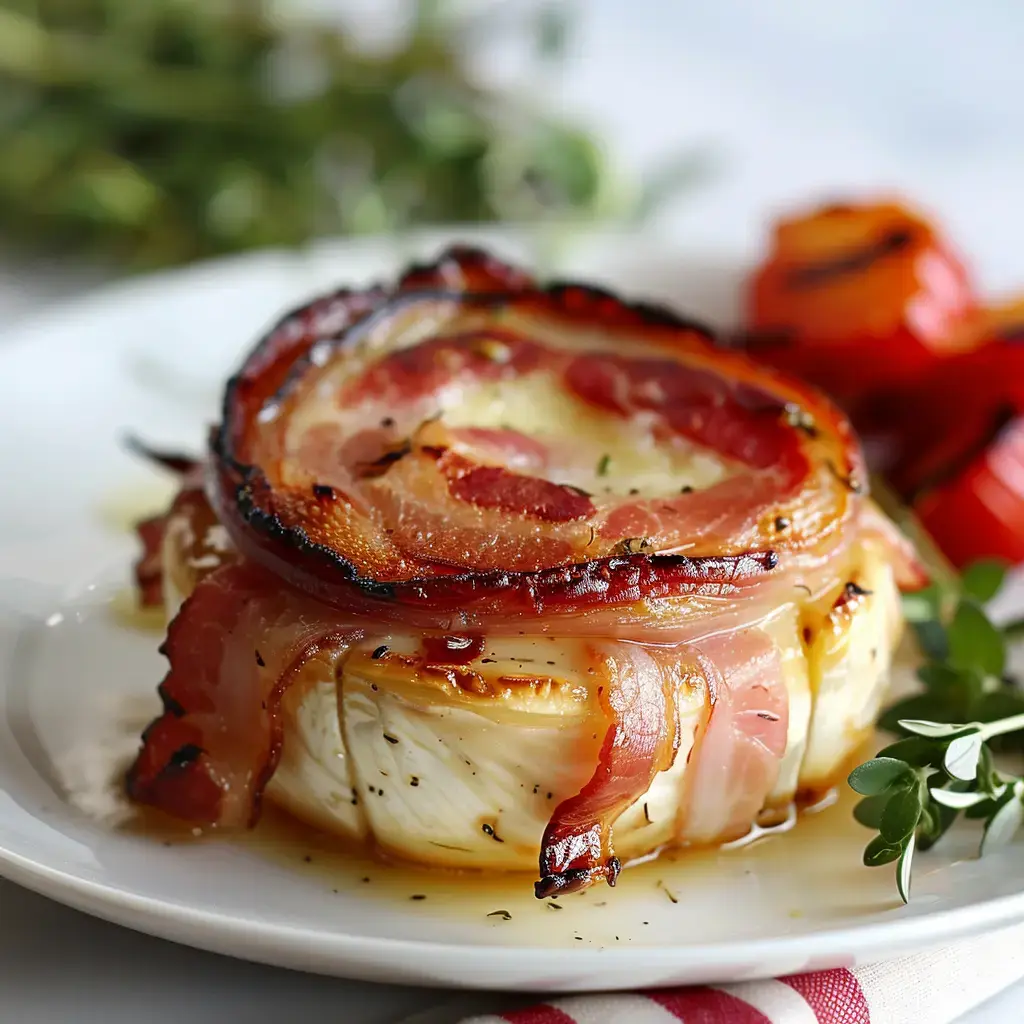 A cheese wrapped in crispy bacon, paired with grilled peppers and fresh herbs.