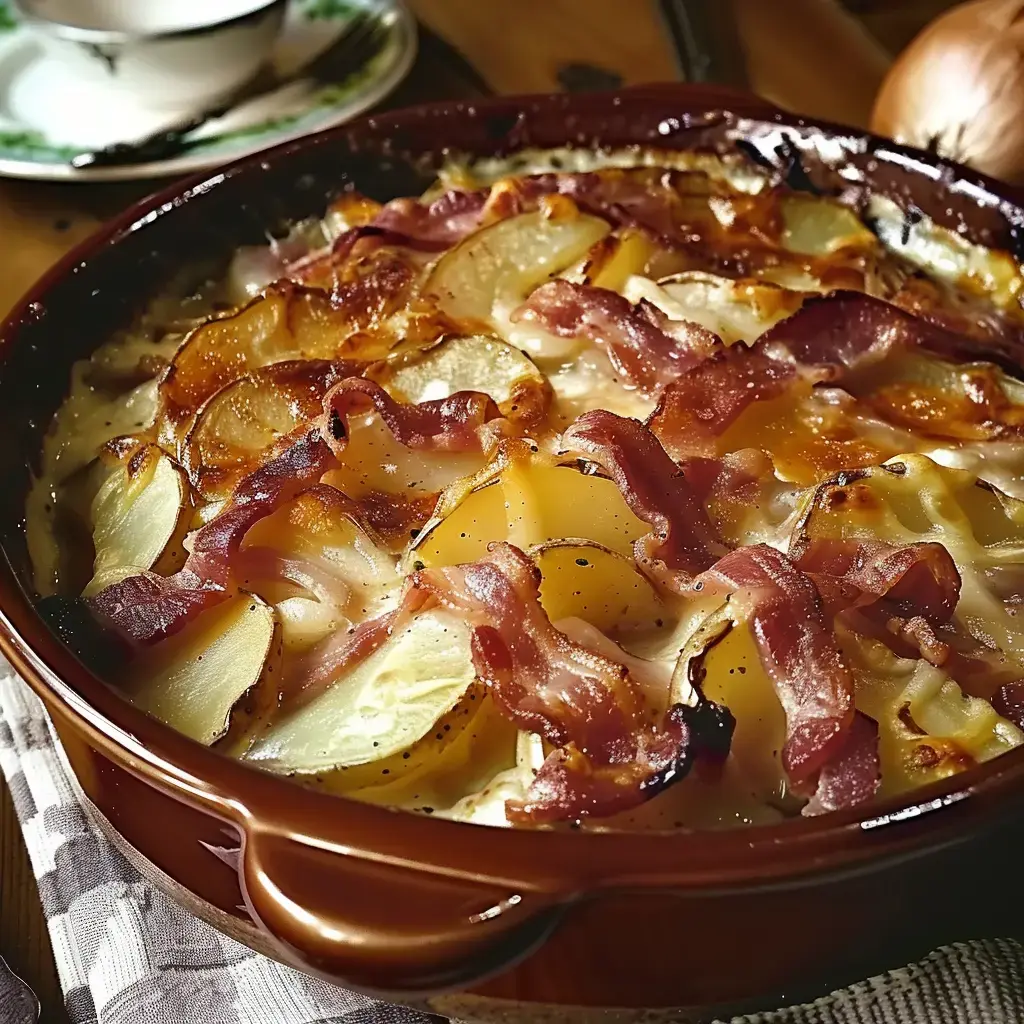 Golden baked potato gratin with bacon, served in clay bakeware.
