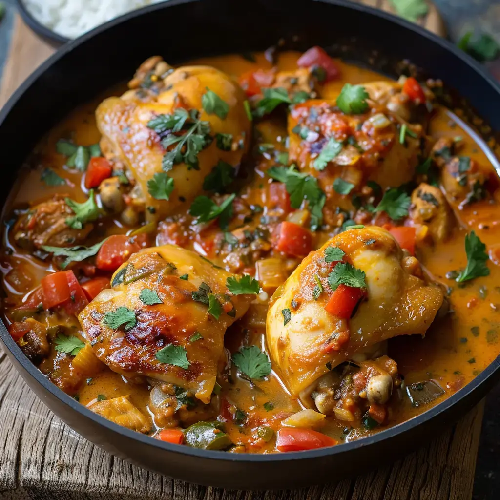A creamy chicken dish cooked with veggies and herbs in a rich, spiced sauce.