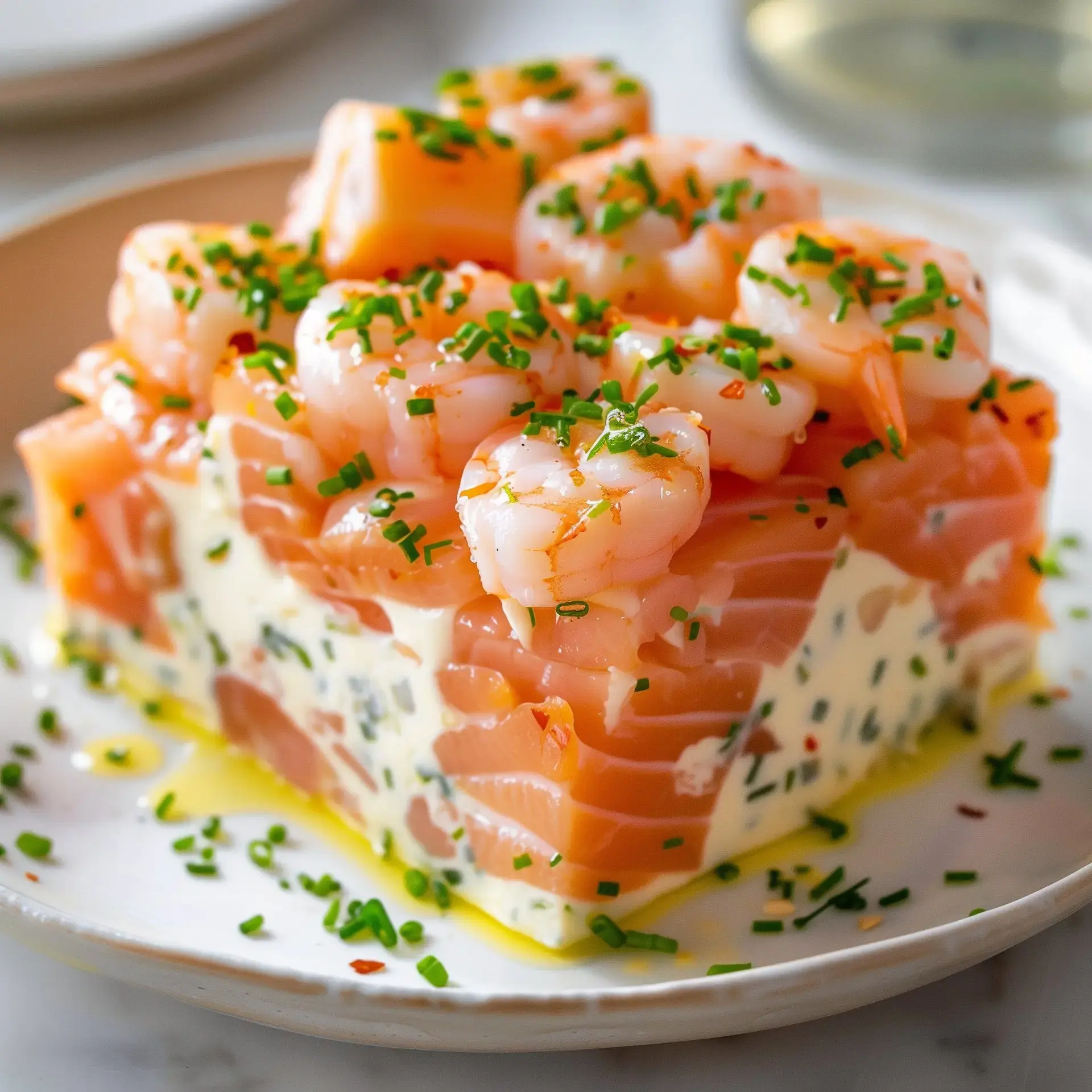 A plate with salmon and shrimp garnished with chives.