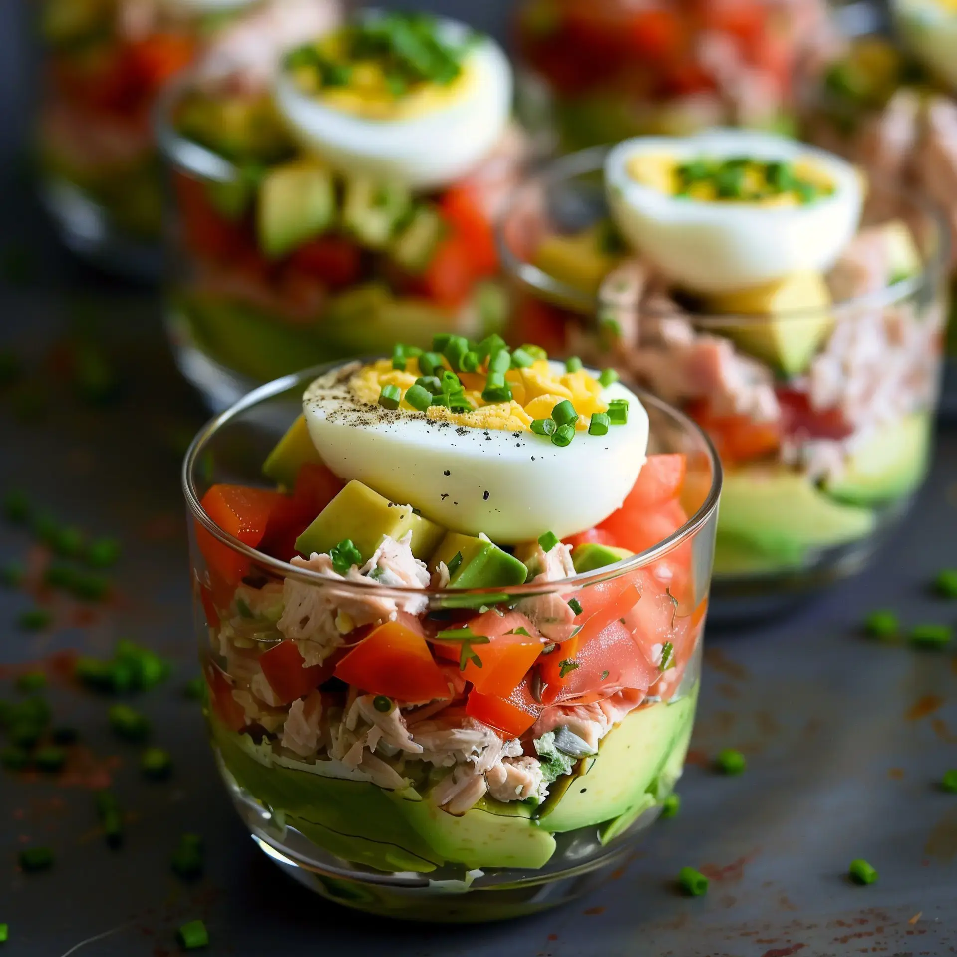 Colorful appetizer glasses layered with tomatoes, avocado, tuna, and topped with egg and herbs.