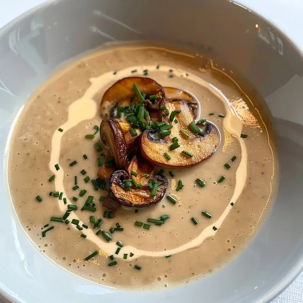 A creamy mushroom soup topped with chives.