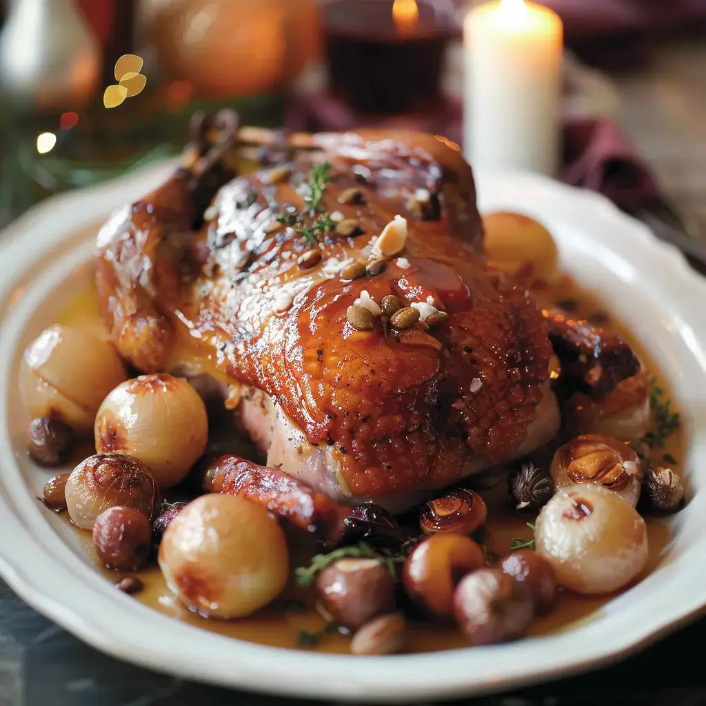 A plate of golden turkey with small onions and nuts in a rich sauce.
