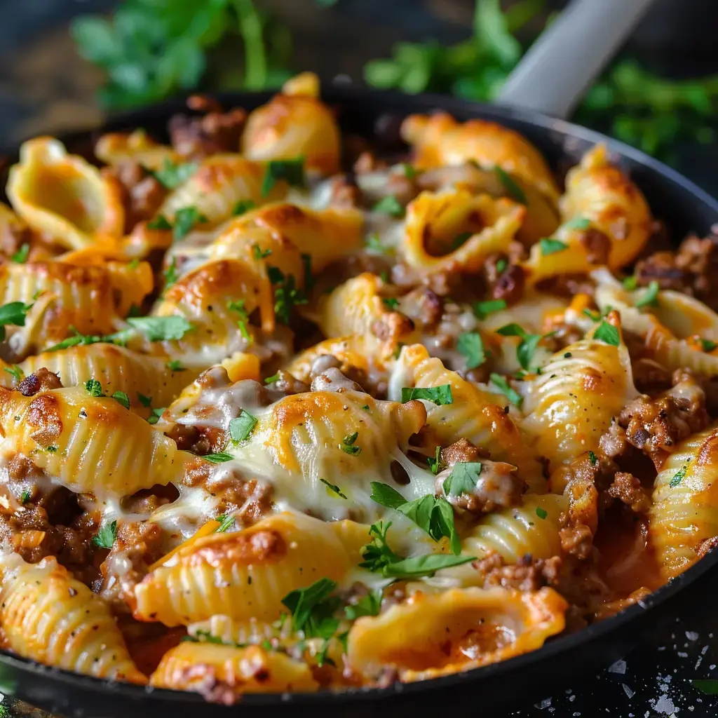 A skillet filled with pasta shells, ground beef, melted cheese, and fresh parsley.