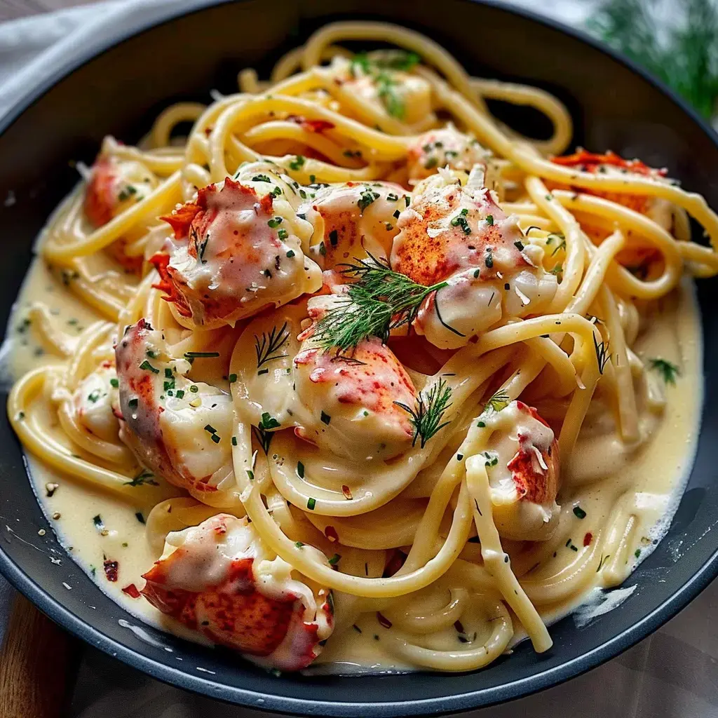Lobster pasta drenched in creamy sauce and topped with fresh herbs.