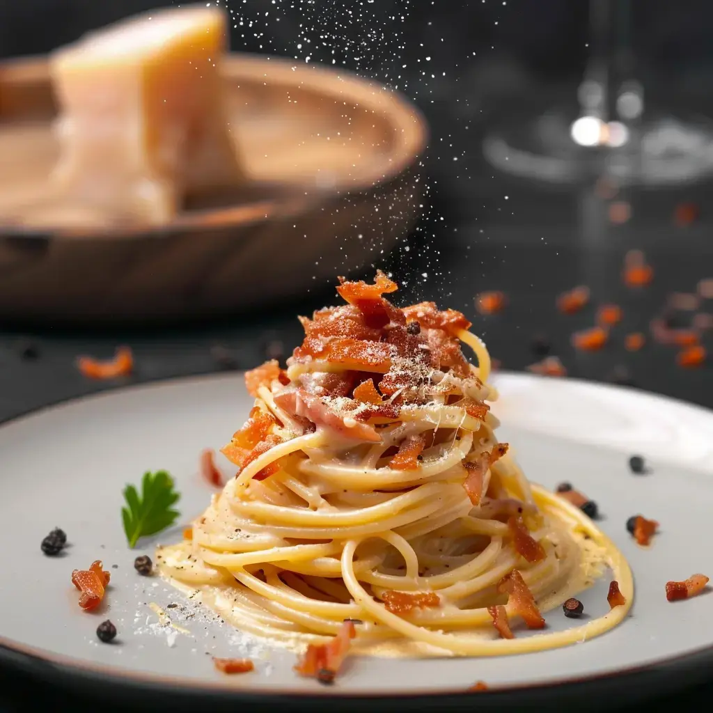 A plate of spaghetti topped with crispy bacon strips and cheese, garnished with parsley on a white plate.