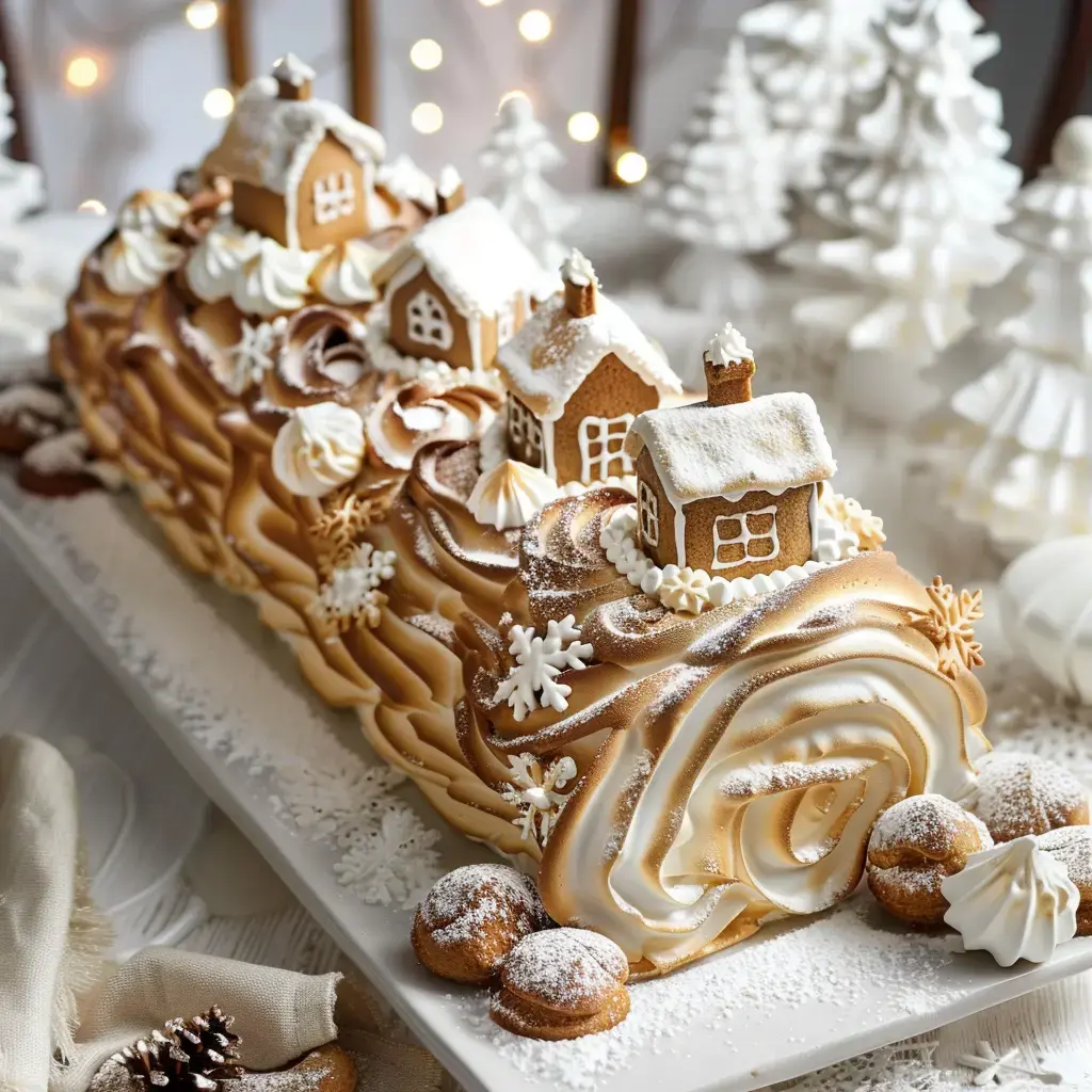 A festive holiday roll with gingerbread houses, snow-like decor, flakes, and sweet delights.