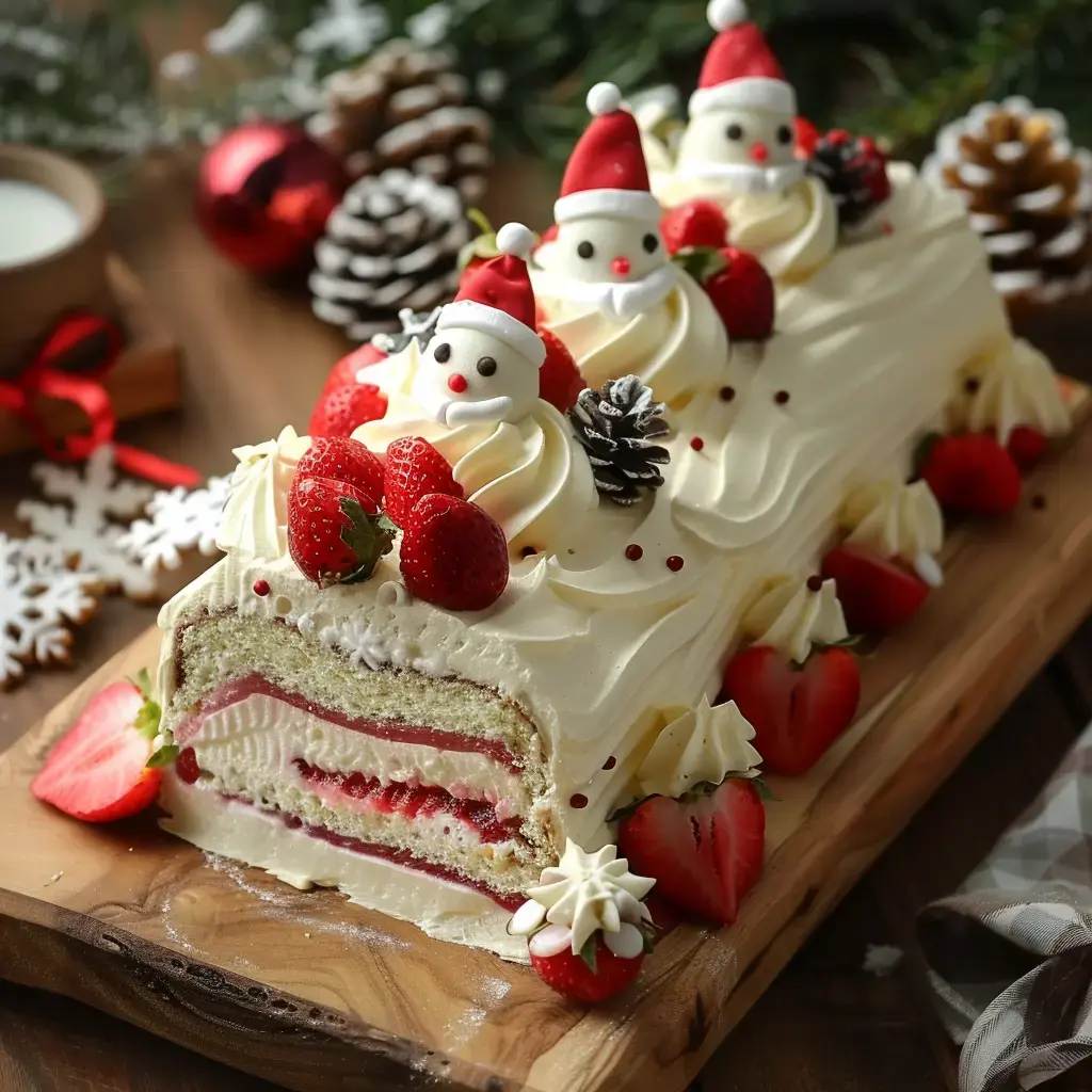 A festive Japanese roll cake topped with strawberries, whipped cream, and snowy decorations on a rustic wooden platter.