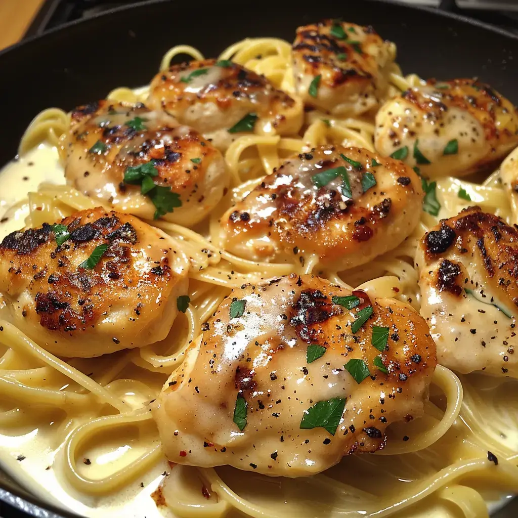 Golden chicken pieces served over creamy linguine, topped with fresh parsley and black pepper.