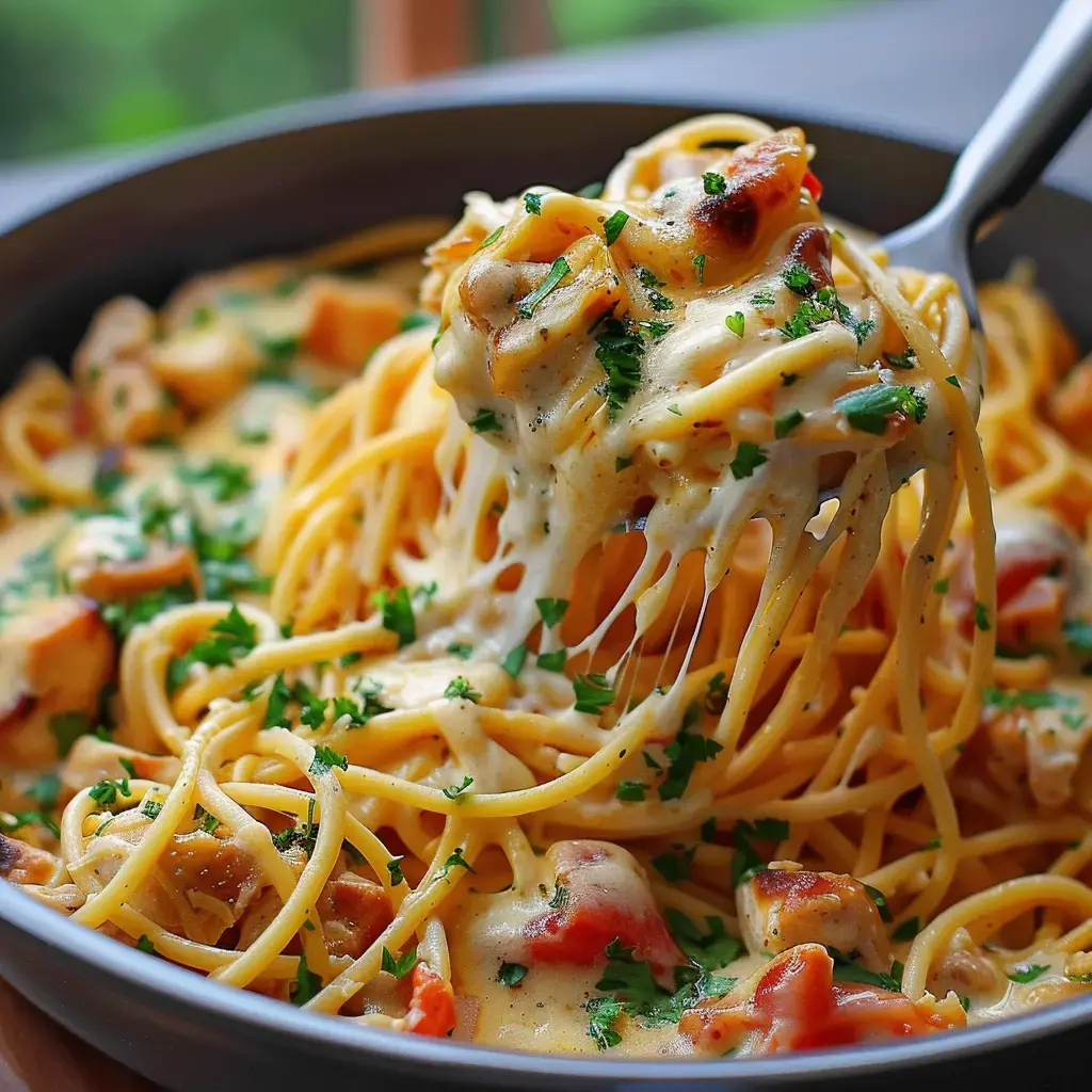 A serving dish of creamy pasta topped with chicken chunks and fresh parsley.
