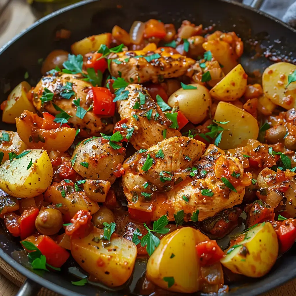 Sautéed chicken dish with potatoes, peppers, and herbs in a skillet.