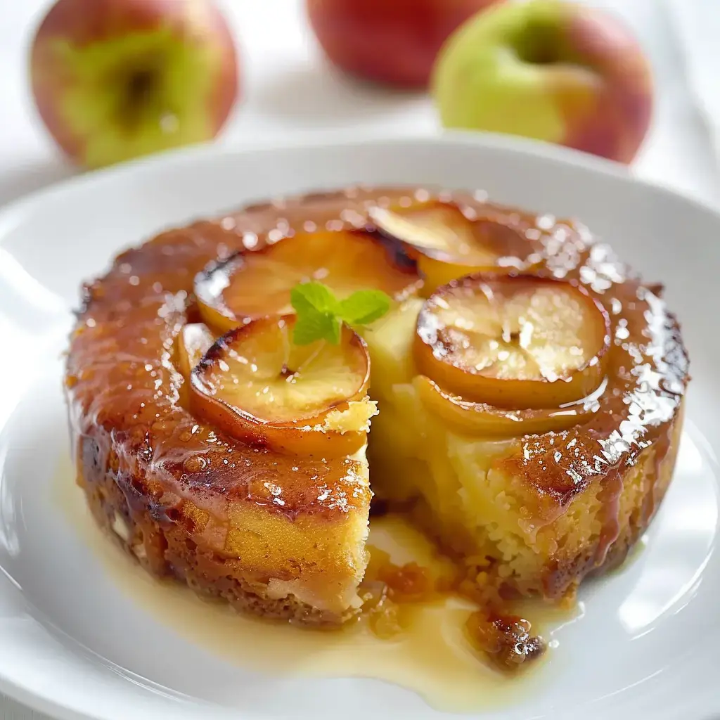 A caramelized apple cake topped with apple slices, served on a white plate, with fresh apples in the background.