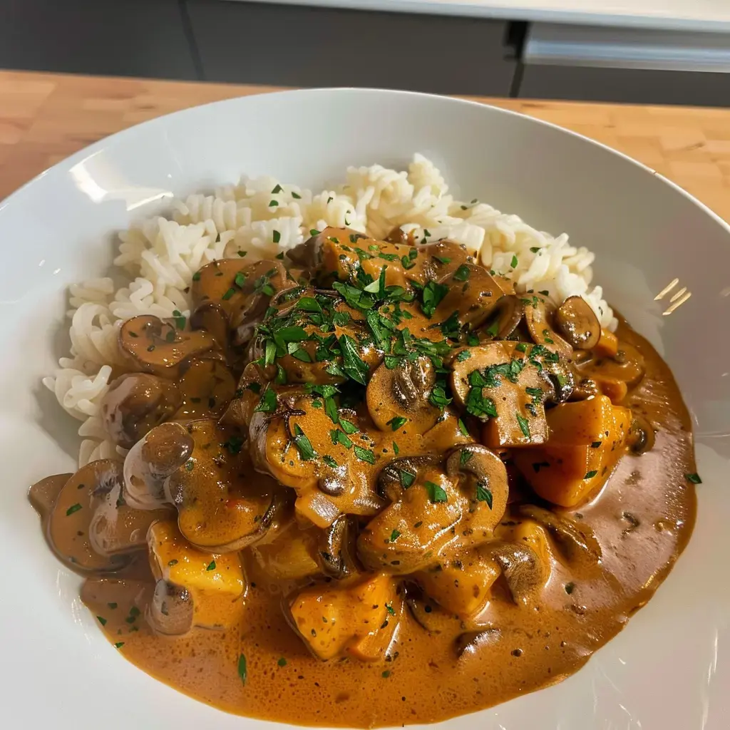A bowl of pasta topped with creamy mushroom sauce and veggie chunks, finished with fresh parsley.