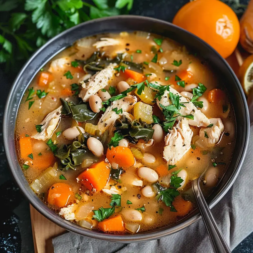 A delicious soup with chicken, white beans, and colorful veggies, topped with fresh parsley.