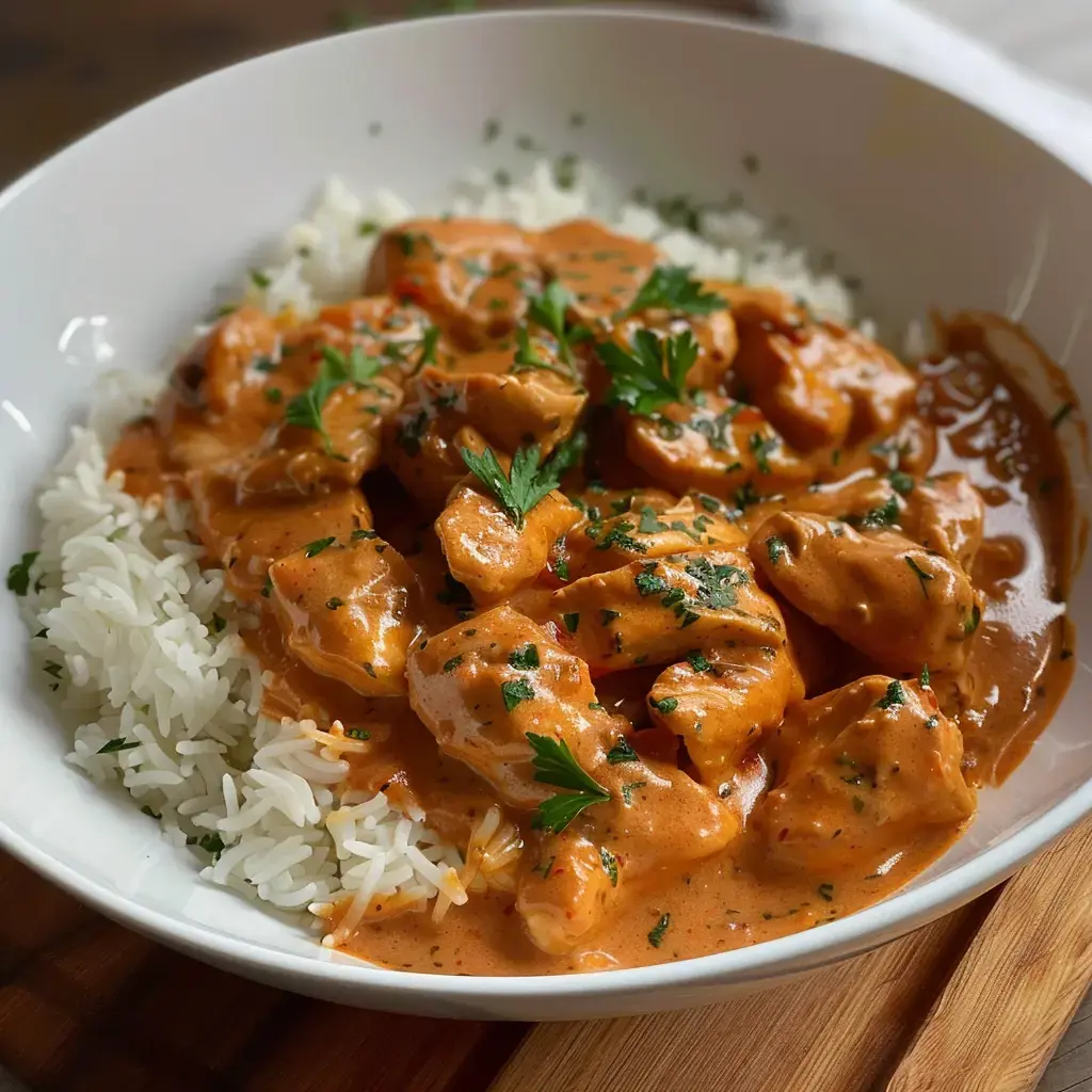 A plate of chicken in creamy sauce served over white rice, topped with fresh parsley.