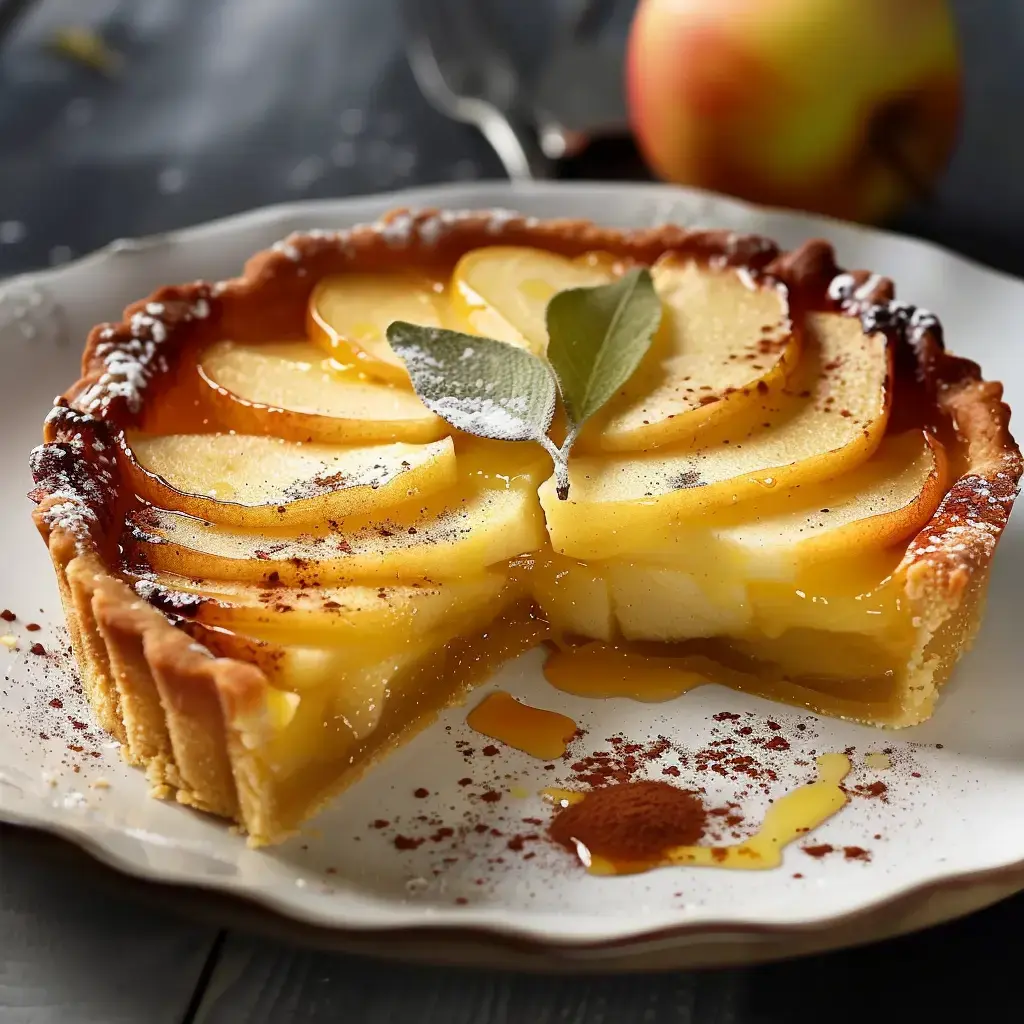 A golden apple tart decorated with apple slices and cinnamon, sitting on a white plate.