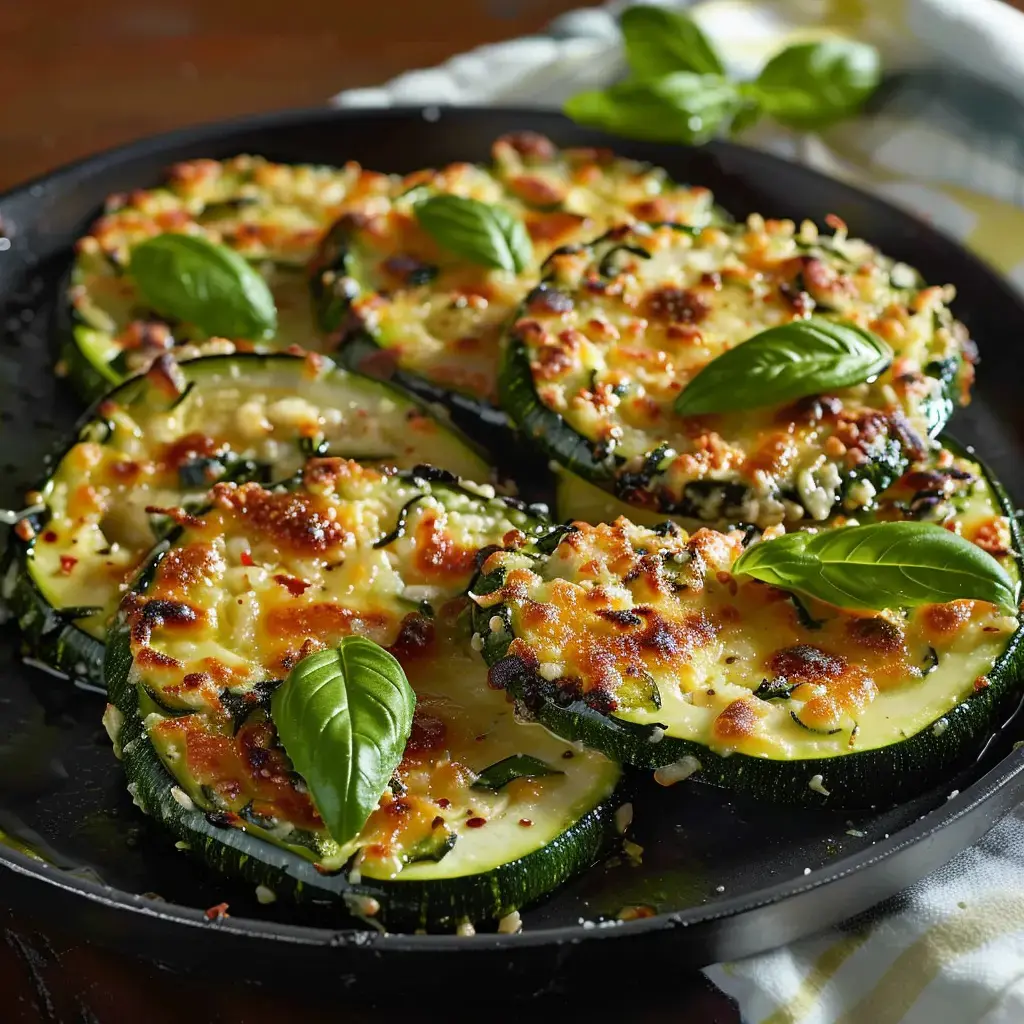 Slices of zucchini baked with cheese and basil served in a dark dish.