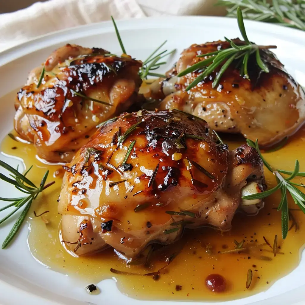 Golden chicken thighs with rosemary, served in a rich sauce.