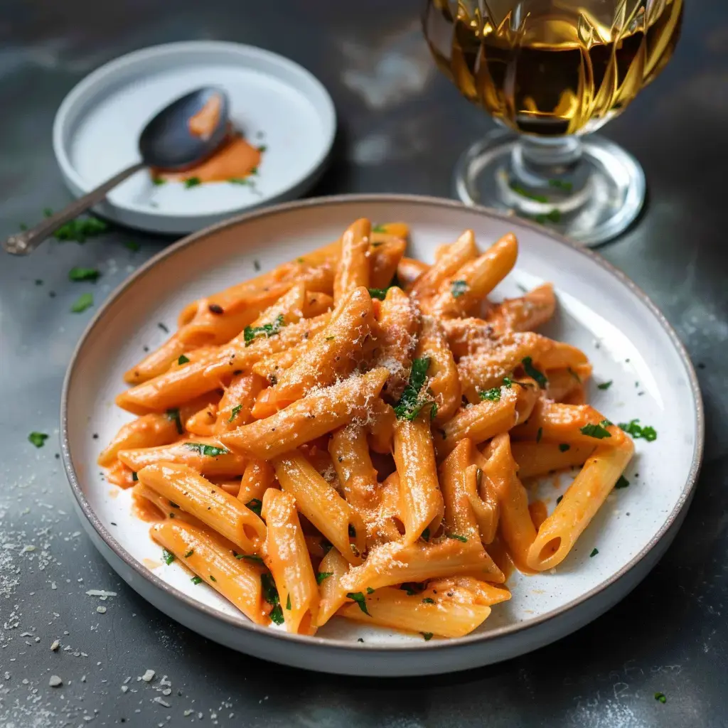 A bowl of penne pasta with creamy tomato sauce, topped with cheese and parsley, served next to a drink.