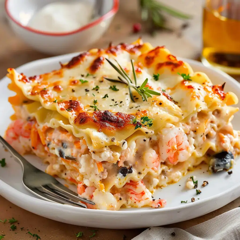 A plate of seafood lasagna with a golden crust, topped with fresh herbs.