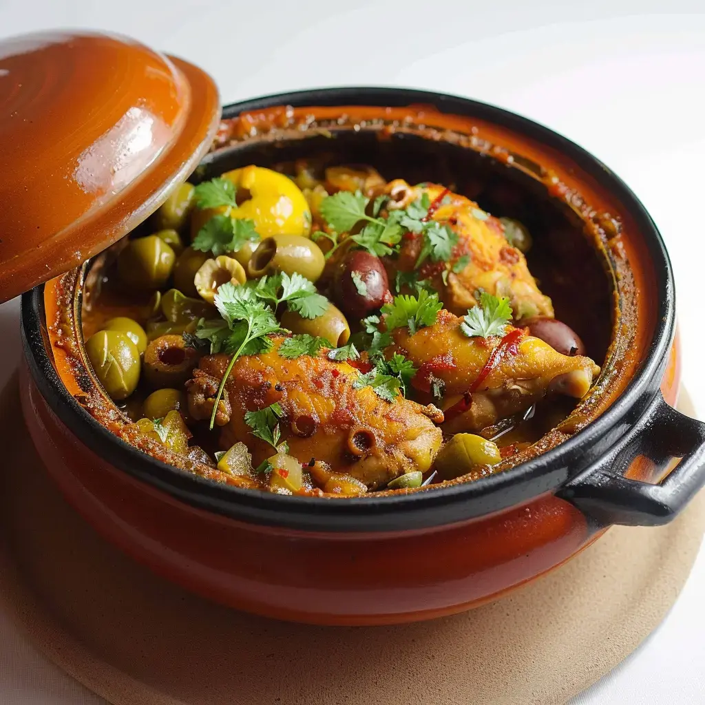 A Moroccan chicken dish with olives and seasonings, served in an earthenware pot.