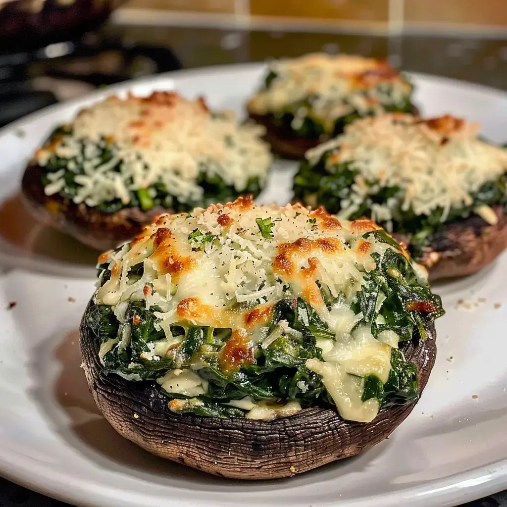 Four stuffed portobello mushrooms topped with spinach and melted cheese on a white plate.