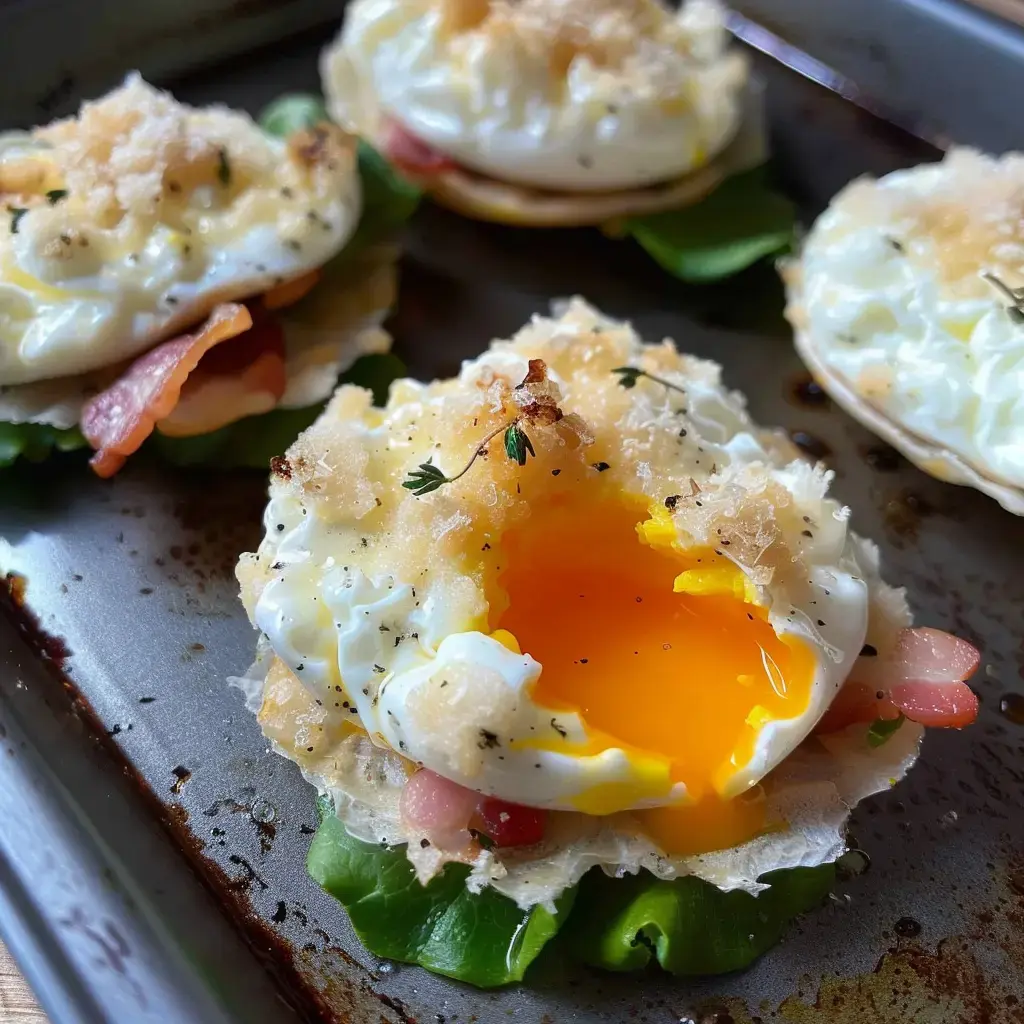 Four cloud eggs garnished with bacon and lettuce, served on a baking tray.