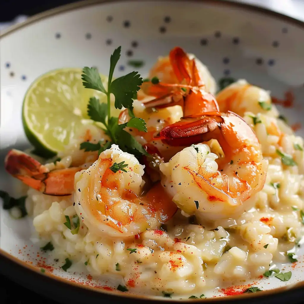 A creamy risotto bowl topped with shrimp, a lime slice, and cilantro leaves.