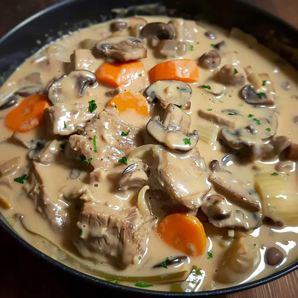 A creamy dish with chunks of meat, mushrooms, and carrots in a velvety sauce.