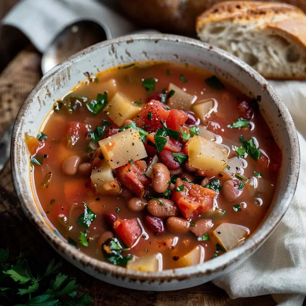 A bowl of colorful soup with vegetables, beans, and herbs, served alongside bread on a wooden table.