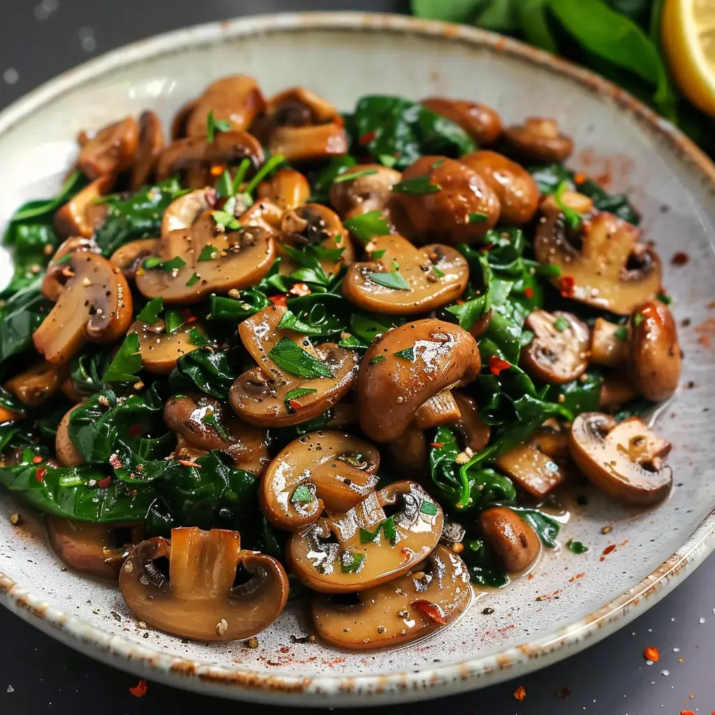 A dish of sautéed mushrooms with leafy greens, topped with parsley and spices.