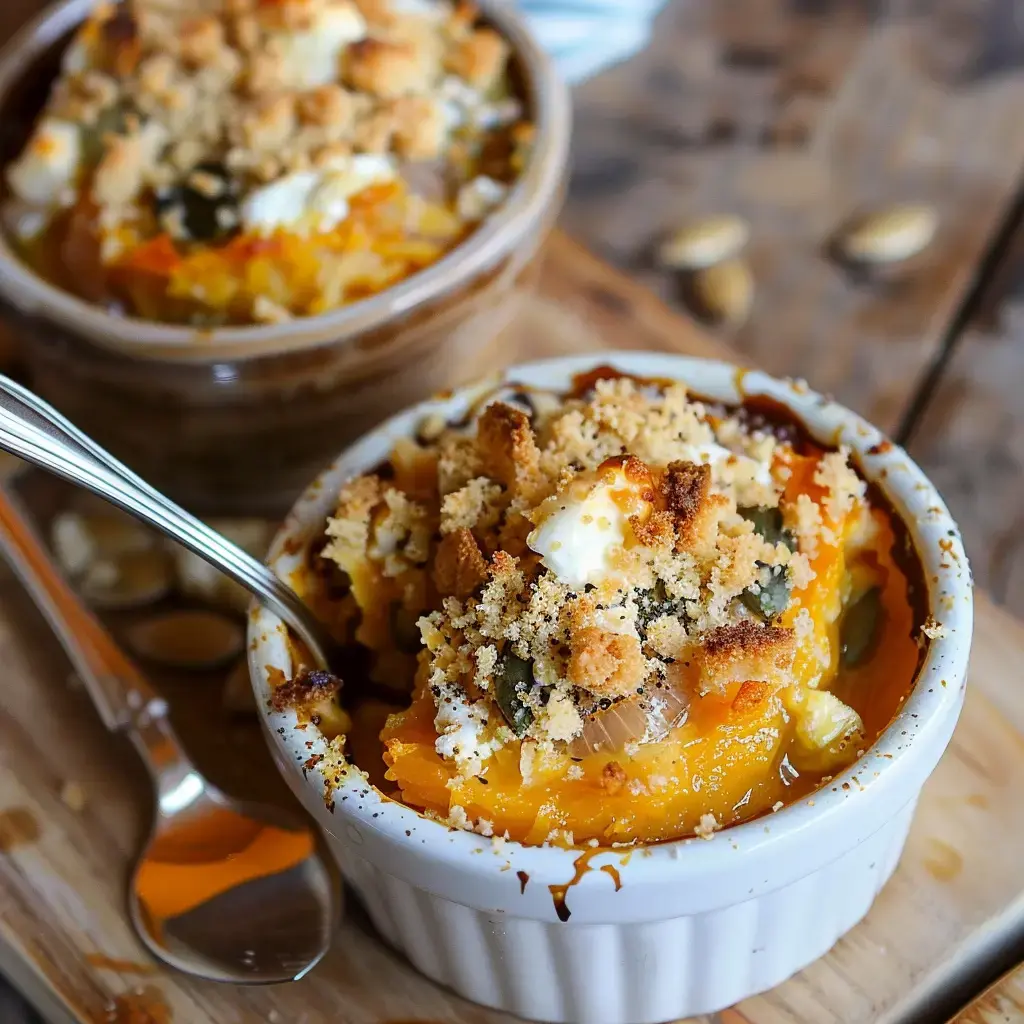 Individual dishes filled with golden-brown pumpkin crumble on a wooden serving board.