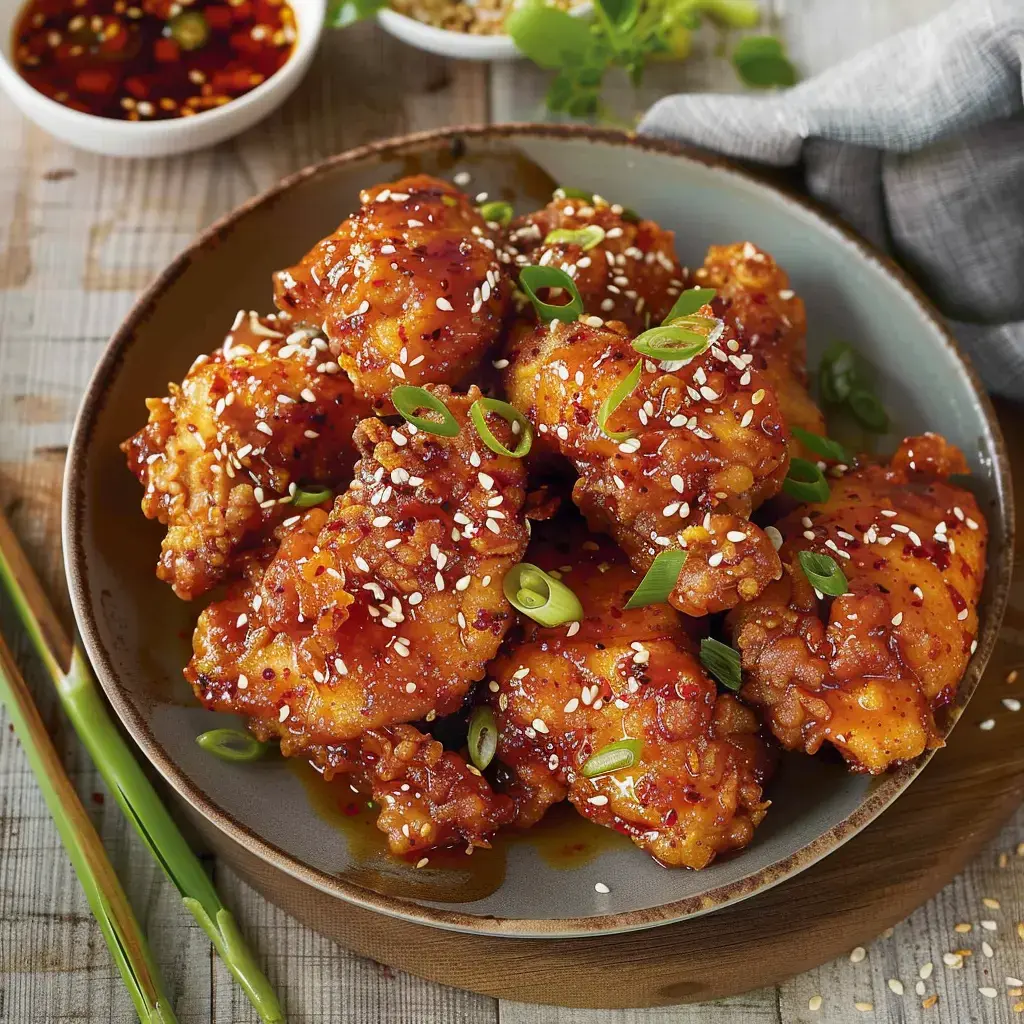 Golden chicken wings coated in sticky spicy sauce, sprinkled with sesame seeds and green onions, on a plate.