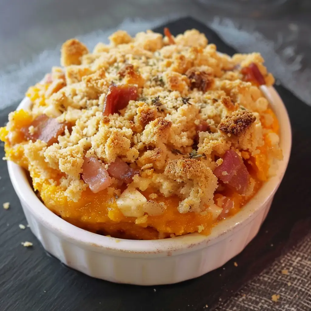 A cozy dish of creamy squash puree and crispy bacon, topped with golden breadcrumb crumble.