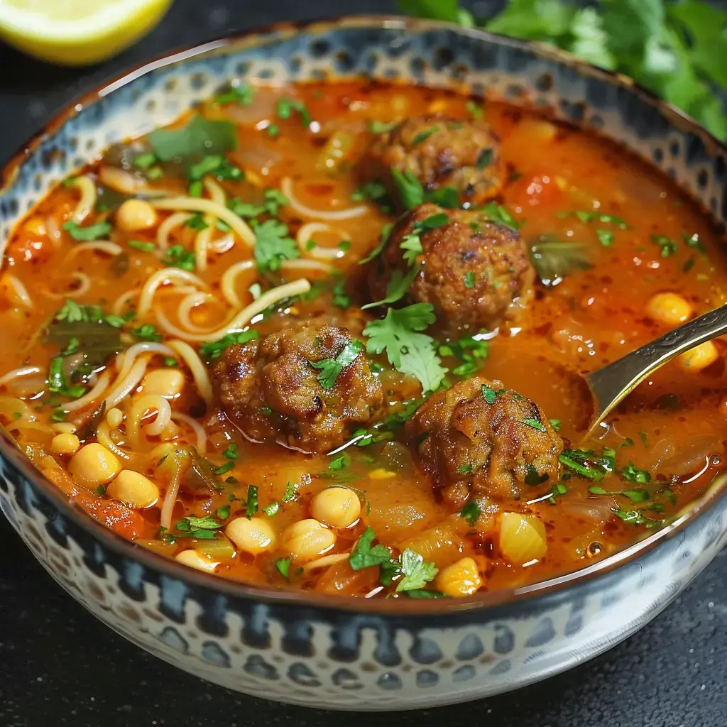 A bowl of spiced soup with meatballs, pasta, and chickpeas topped with chopped fresh cilantro.