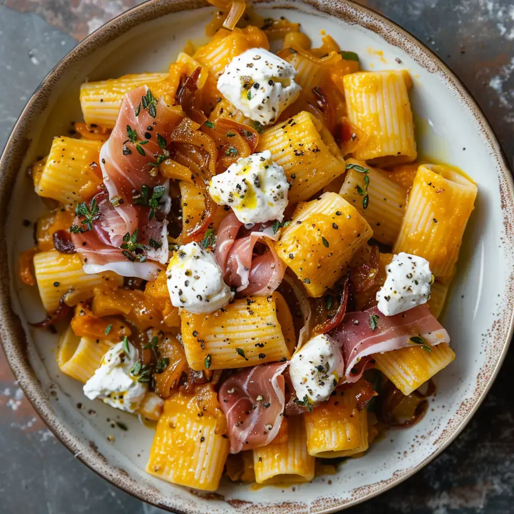 A bowl of rigatoni pasta with ham pieces, creamy sauce, caramelized onions, and fresh herbs on top.