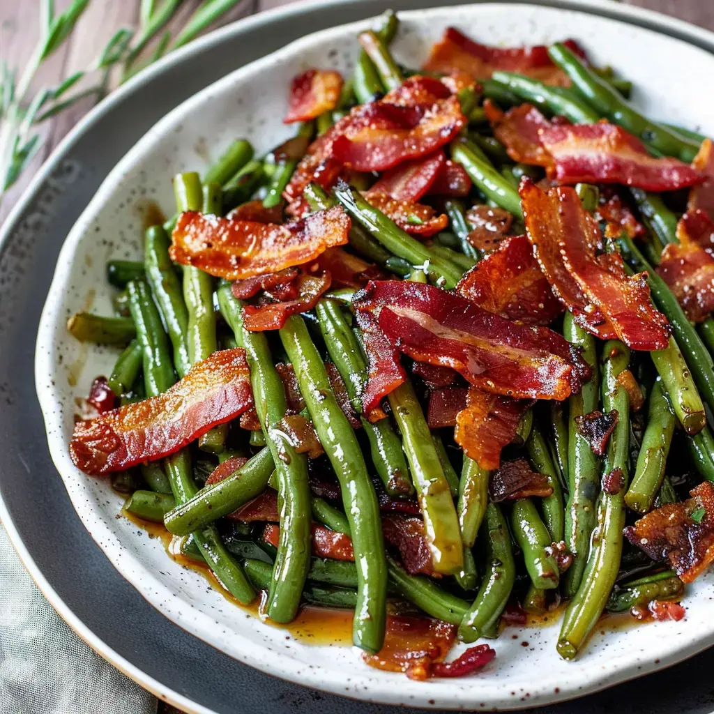 A dish of green beans topped with crispy bacon bits.