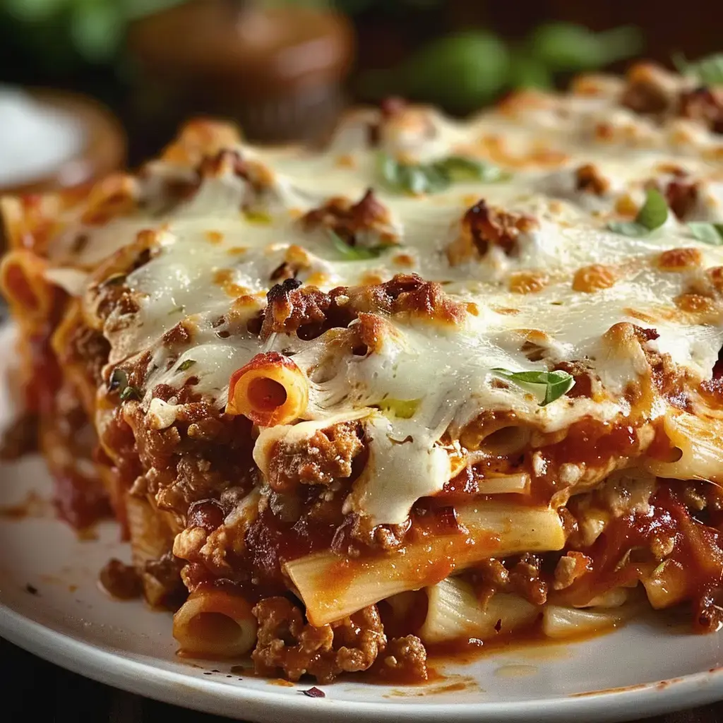 A plate of cheesy baked pasta loaded with ground meat and tomato sauce.