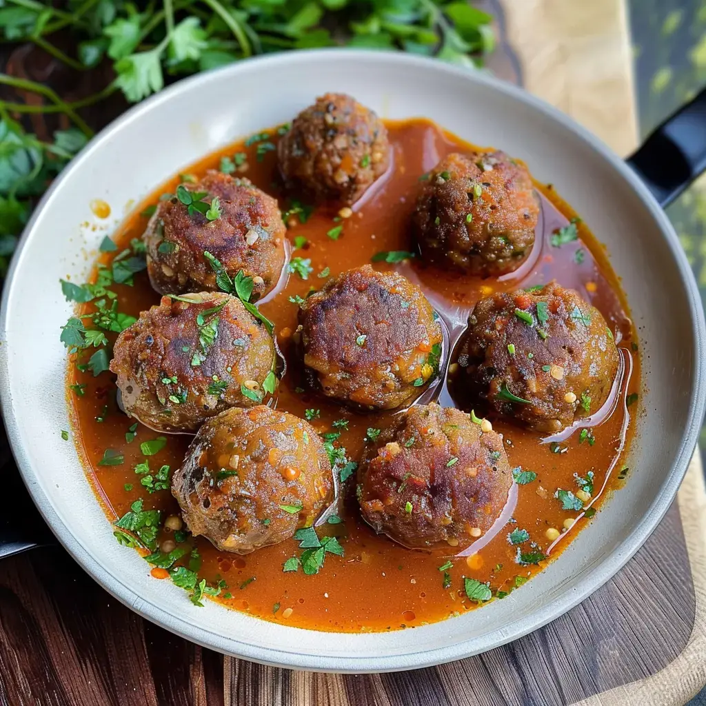 Azuki bean balls topped with cilantro in a flavorful sauce.