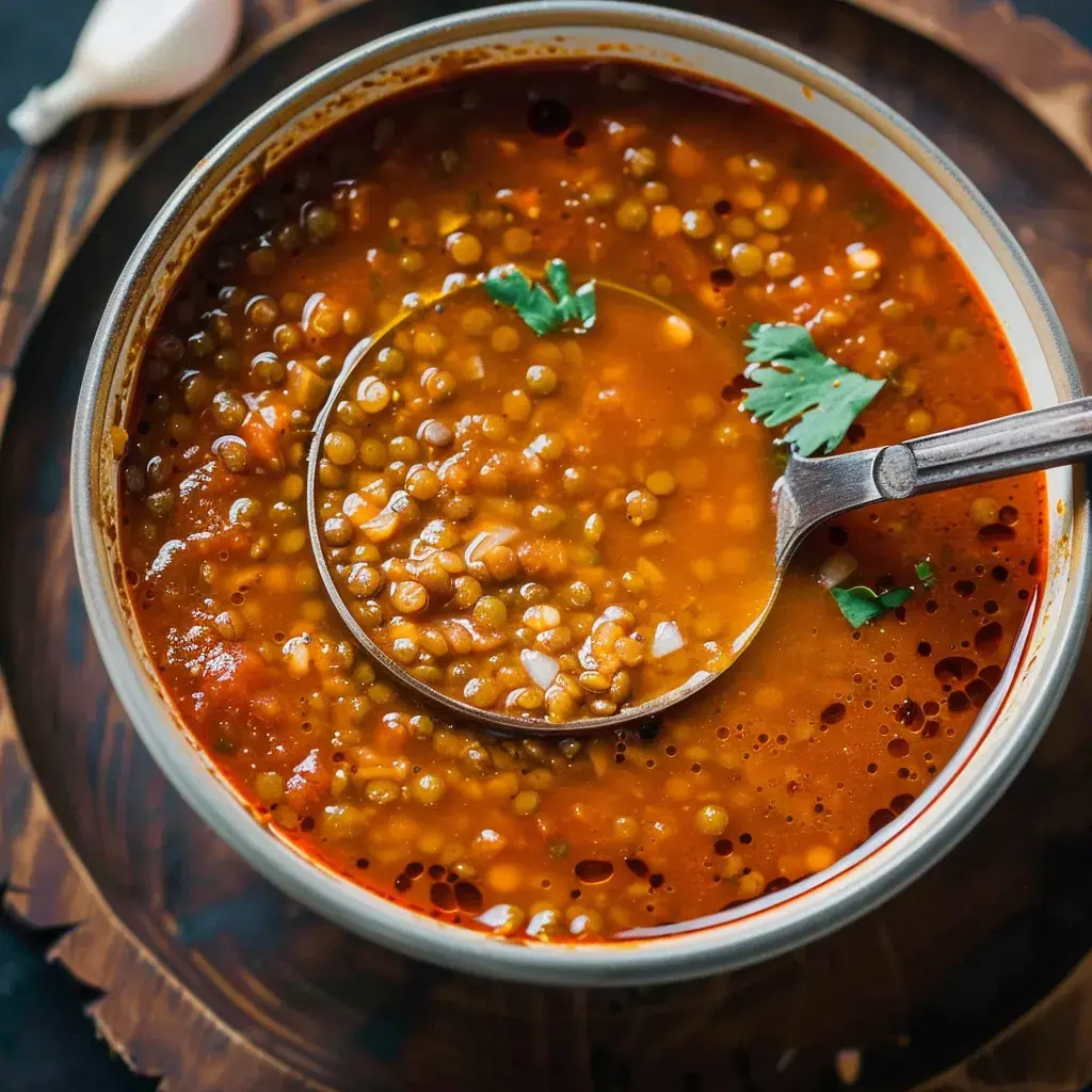 A bowl of lentil soup garnished with fresh cilantro and a metal spoon beside it.