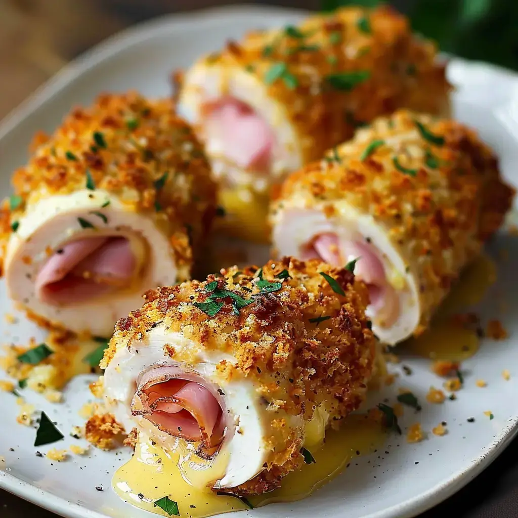 Four crispy chicken rolls stuffed with ham and cheese, served with yellow sauce, displayed on a plate.