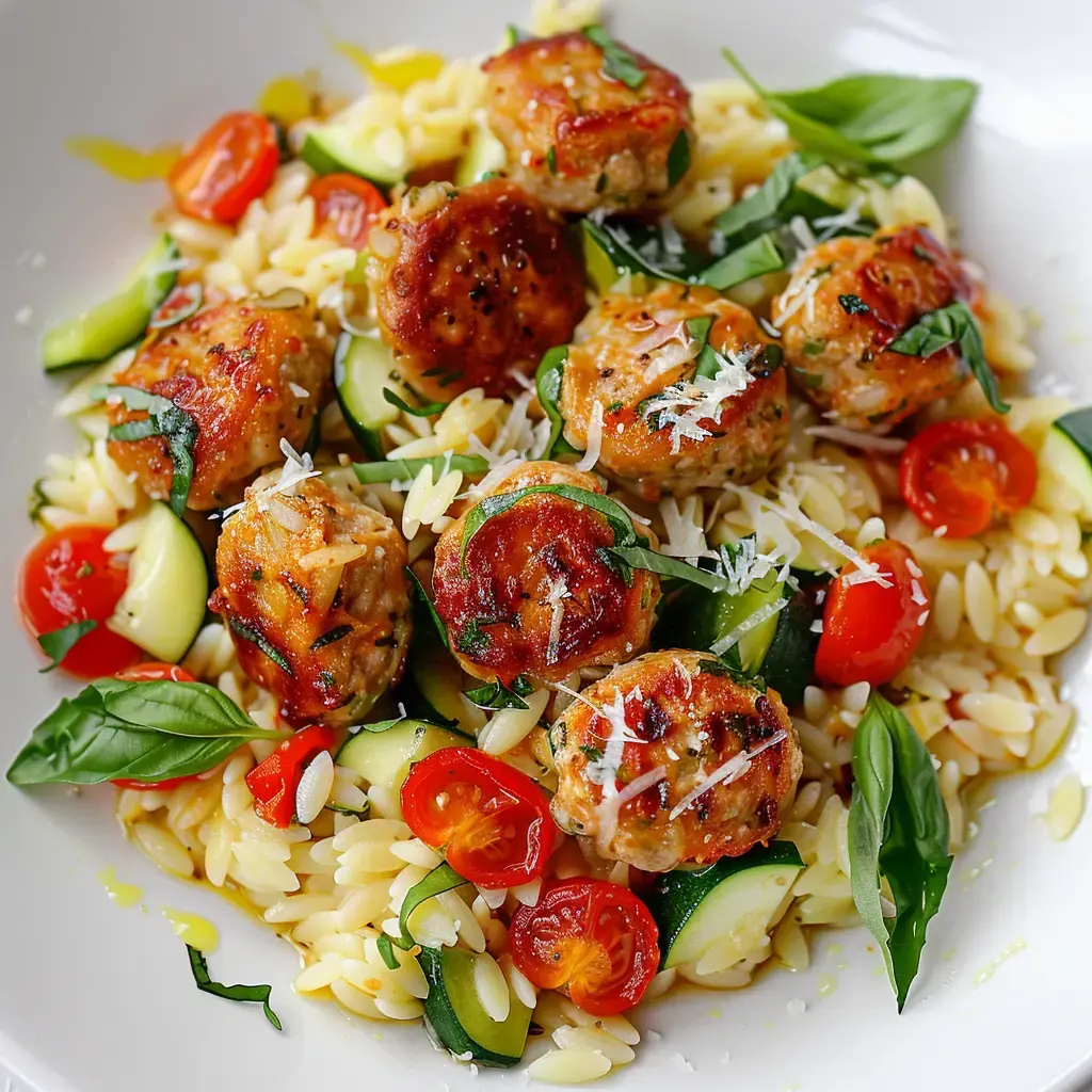 A bowl of orzo pasta with meatballs, cherry tomatoes, zucchini, and fresh basil.