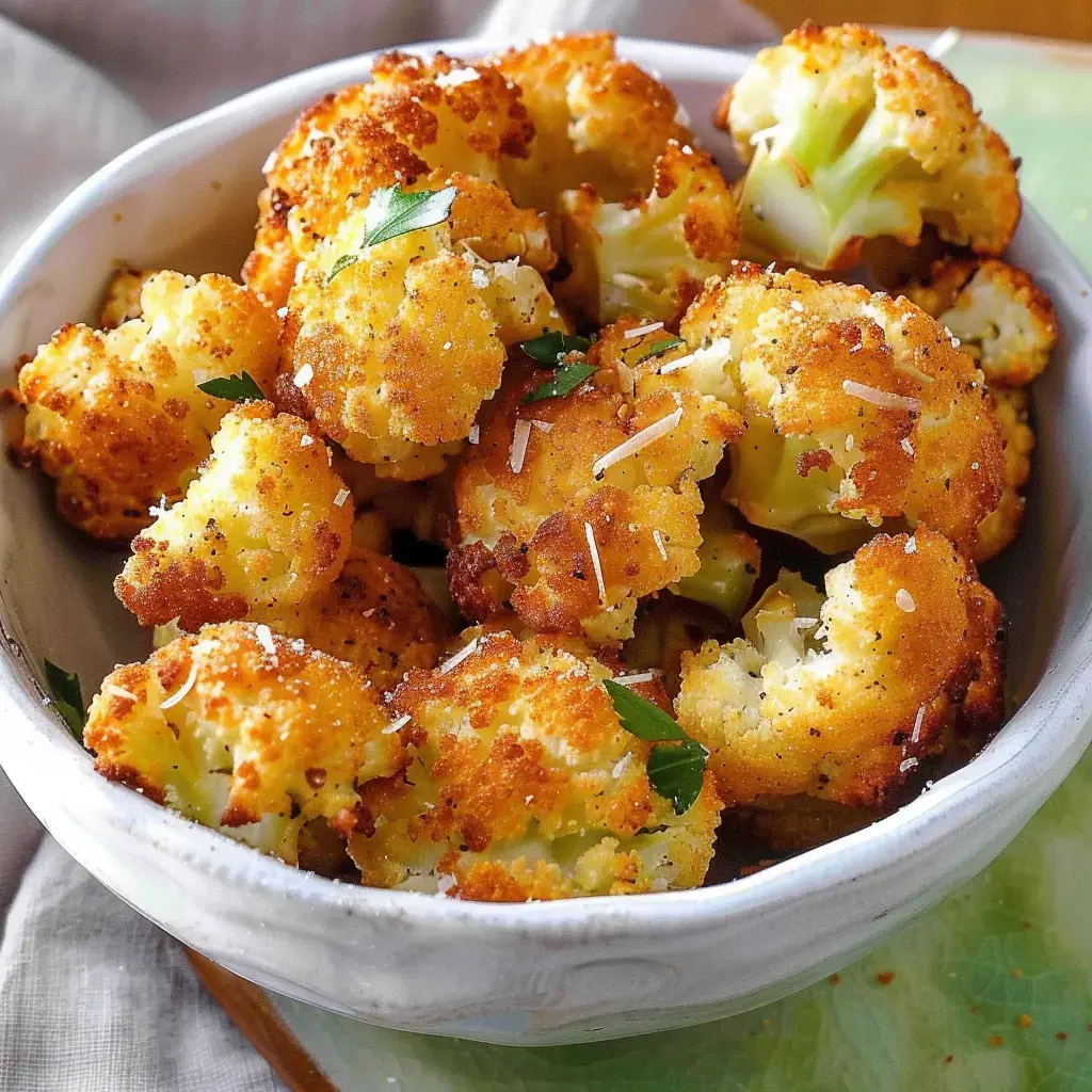 A bowl filled with crispy golden cauliflower pieces topped with parsley and parmesan.