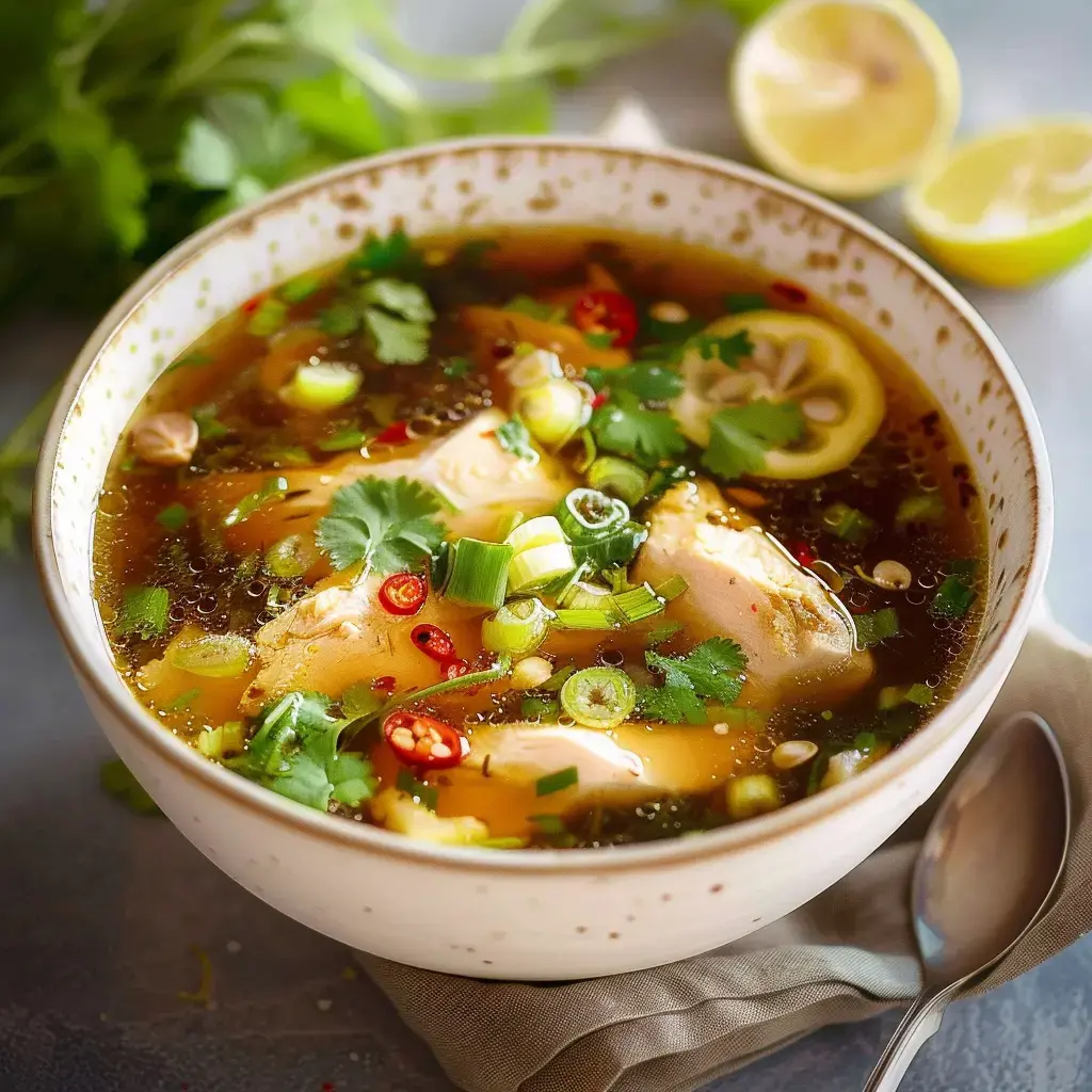 Bowl of warm chicken soup with cilantro, spring onions, and chili slices, served alongside lemon wedges.