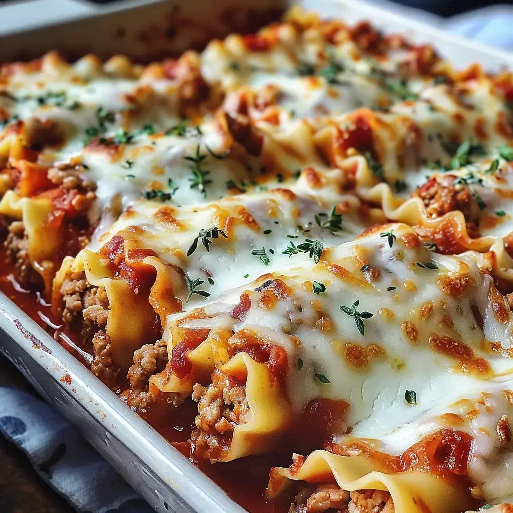 Rolled lasagna filled with seasoned meat and cheese, baked and topped with fresh thyme.